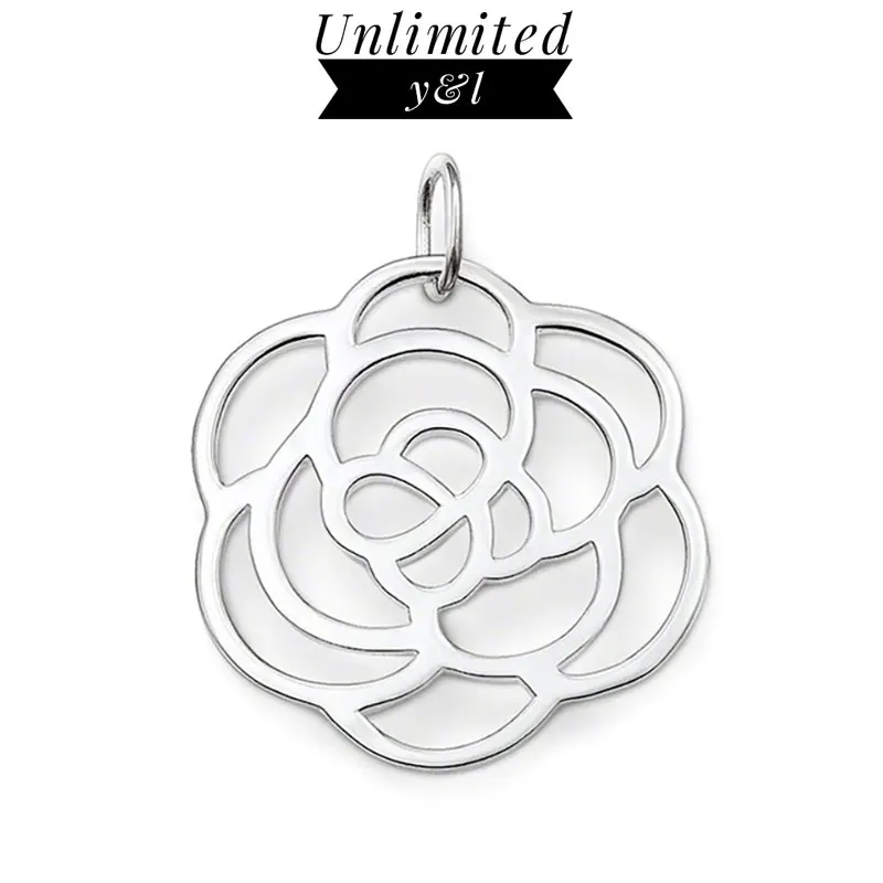 

Plant Rose Flower Disc Pendants Ornament Hollow Out Silver Fashion Jewelry Accessories for Women Fit Link Chain Necklaces