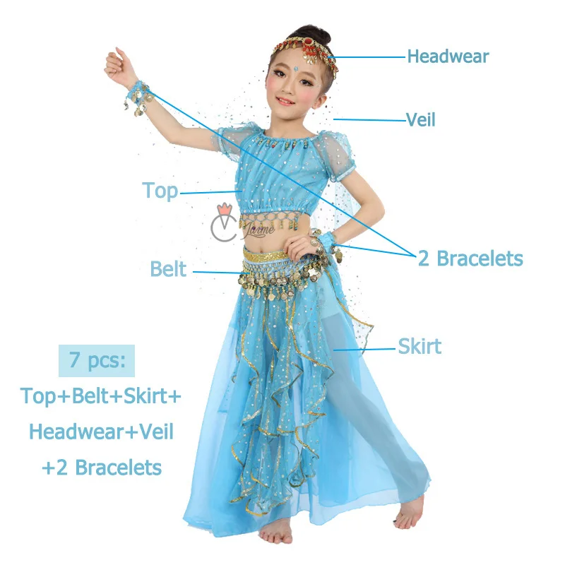 Стиль Дети танец живота костюм для восточных танцев костюмы для танцоров одежда индийские танцевальные костюмы для детей из 3 предметов, 7 шт./компл - Цвет: Light Blue 7 pcs