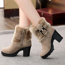 Г., женская зимняя обувь на квадратном каблуке классические теплые меховые женские ботинки с пряжкой черные ботильоны на платформе и высоком каблуке женские ботинки