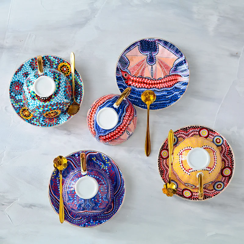 

luxury Bone China coffee cups and Saucer and spoon Bohemian Flower teacup tea party home drink essential afternoon tea cup set