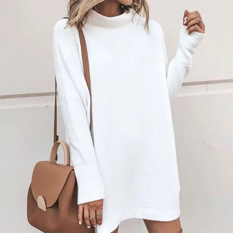 

Autumn And Winter Round Neck Elegant Long Sleeve Dress Women Solid Color Pullover Loose Casual Solid Color White Dress Woman