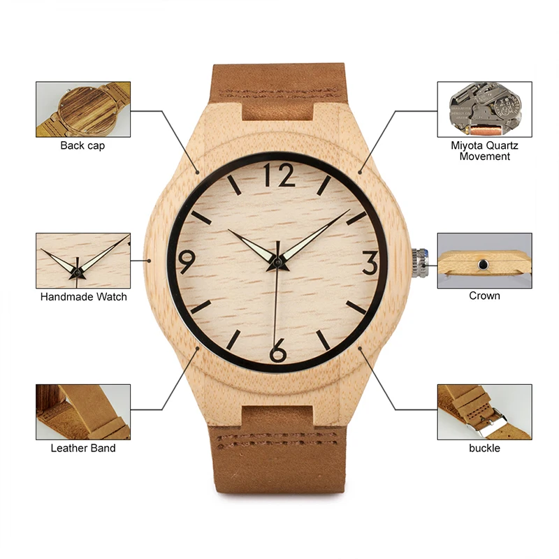 BOBO BIRD New Arrival Men Wooden Wristwatches Hand-craft Watch Luminous Hands with Genuine Leather Strap In Gift Box As Gift