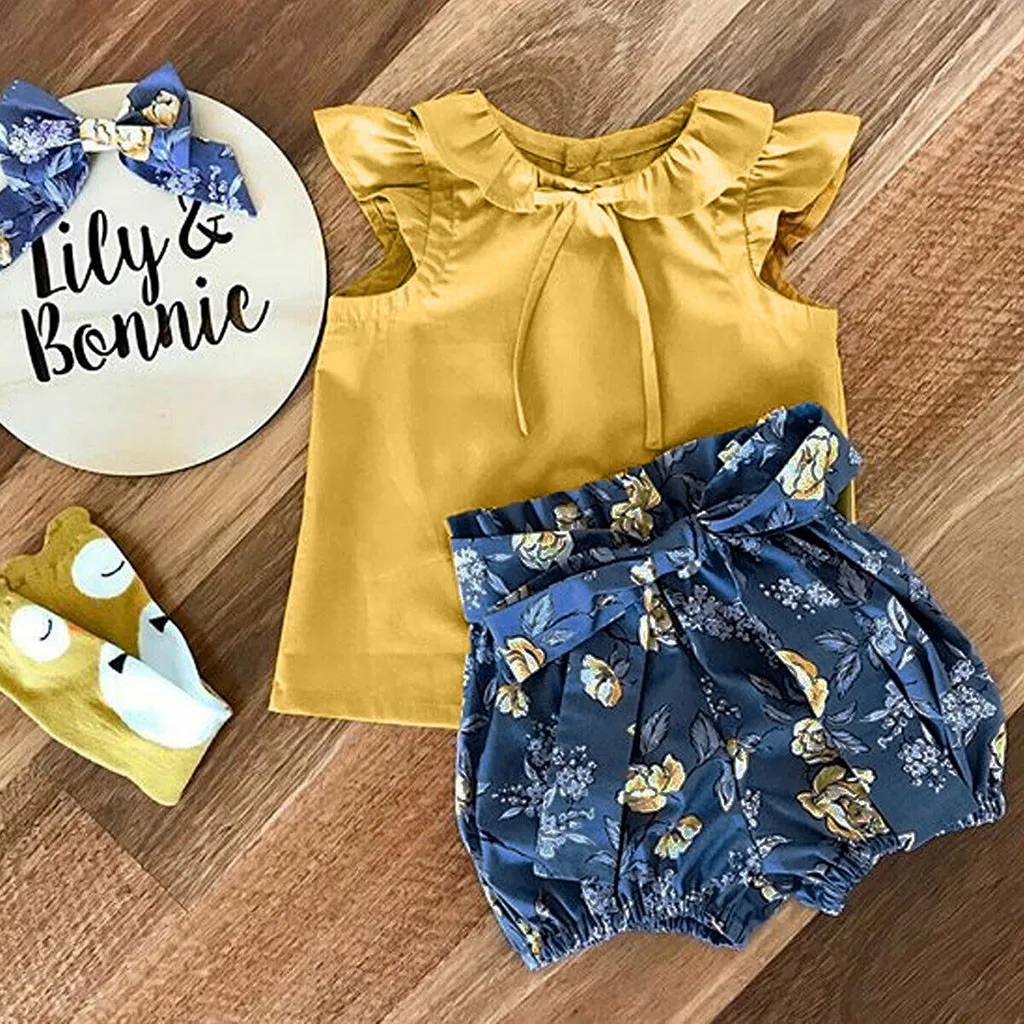 

Autumn Baby Girl Clothes Sets Toddler Newborn Sleeveless Solid Ruffles Tops+Floral Print Shorts Outfits kit roupa infantil