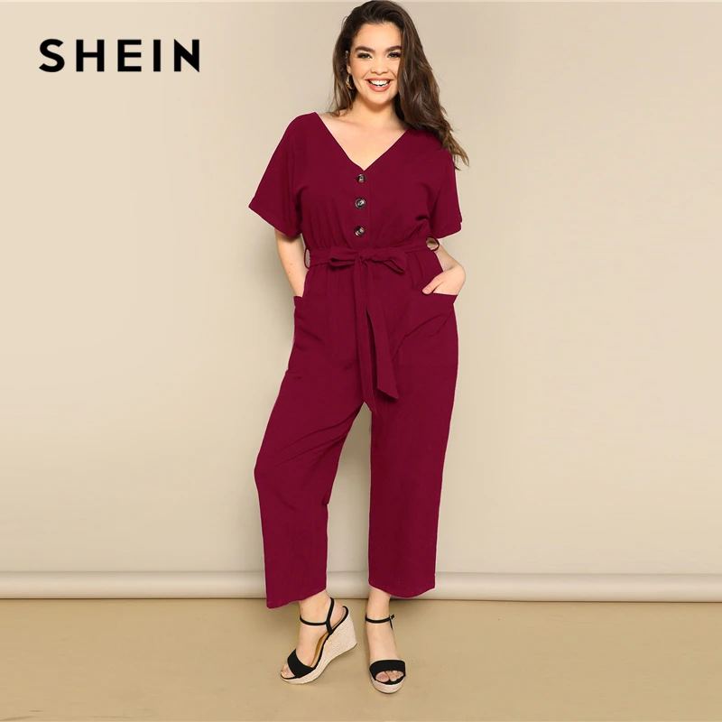 SHEIN Plus Size Button Front Wide Leg Belted Jumpsuit Women Spring Summer Casual V Neck Short Sleeve Longline Jumpsuits