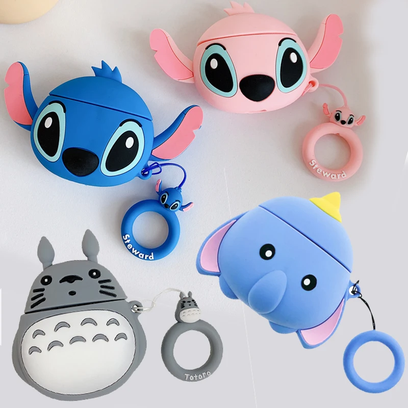 

For AirPods Case 3D Cartoon Cute Elephant Stitch Anime Kawaii Totoro Wireless Earphone Cover for Airpods 2 Finger Ring Strap