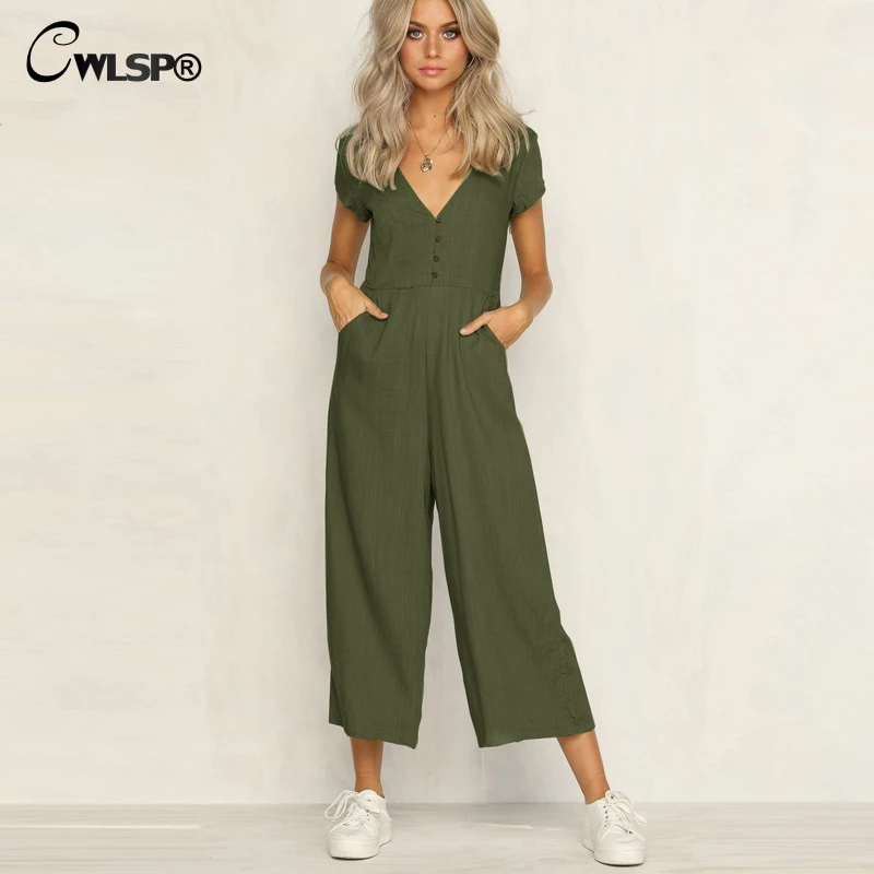 CWLSP Solid V neck Loose Jumpsuits with Buttons Short