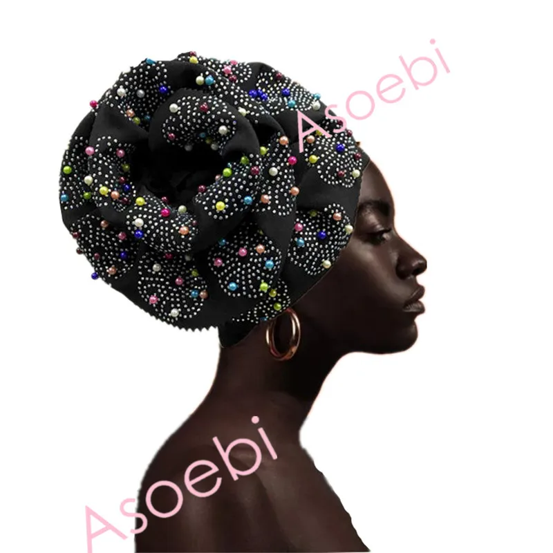 Нигерийские турбины для женщин Африканский ASO OKE Авто геле для африканская Кепка фиолетовый тюрбан в стиле геле с бусинами