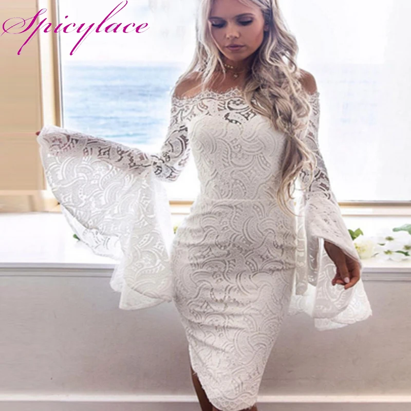 

Vintage Lace Dresses Women Elegant Embroidery Slash Neck Floral Lace Flare Sleeve Knee-Length Bodycon Dresses Party dress