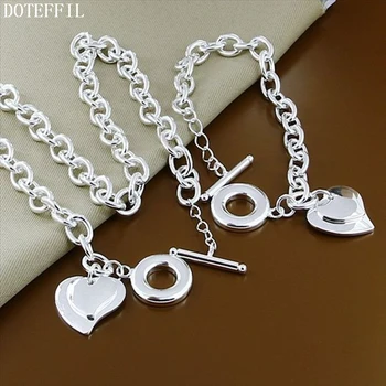 

DOTEFFIL 925 Sterling Silver Double Heart 18 inch Chian Necklace 8 inch Bracelet Set For Women Wedding Engagement Party Jewelry