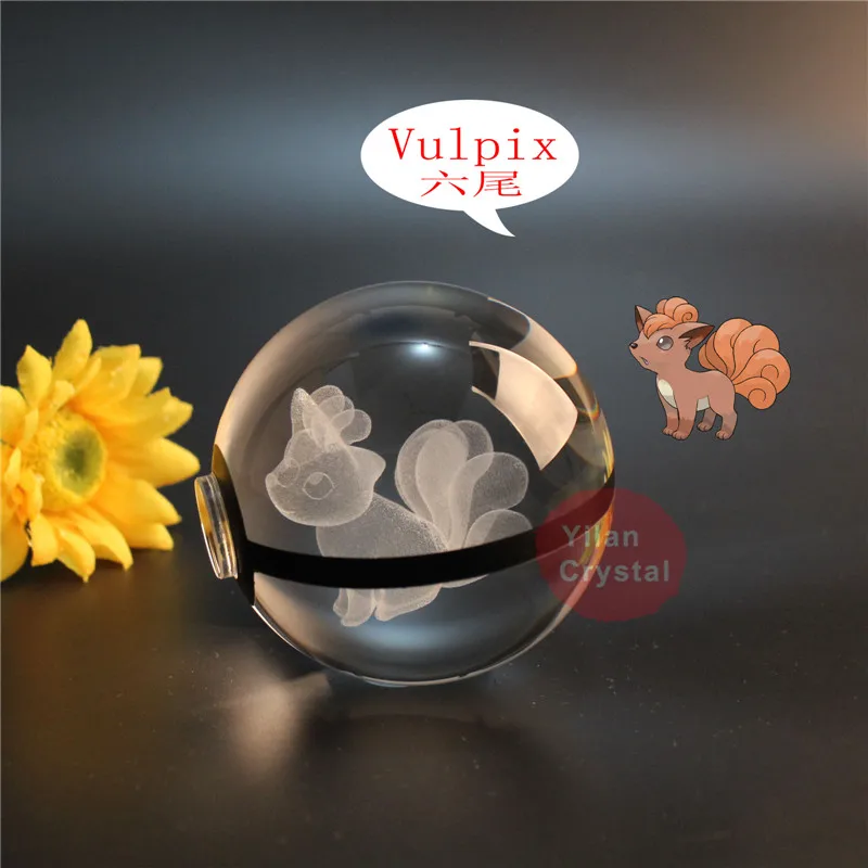

Vulpix Pokemon Engraving Round Crystal With Black Line Nice Fashion 50mm*50mm Ball With LED Base Crystal Base