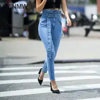 LVINMW 女性のジーンズハイウエストフリルベルト付きスキニー鉛筆のズボン 2018 冬の女性のセクシーなストリートポケットジッパーデニムジーンズ