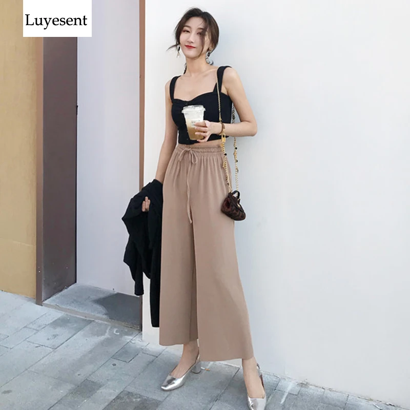 

women flare pants solid loose elastic waist stretch solid grey beige cream shir full length 2019 fashion lady femme casual
