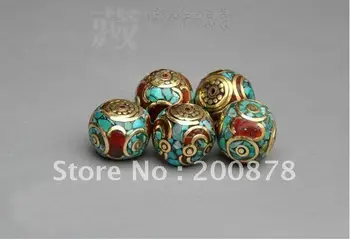 

DIY Loose Beads NBB317 Nepal handmade brass inlaid turquoise loose beads,16*14mm,vintage flower round beads,10beads lot