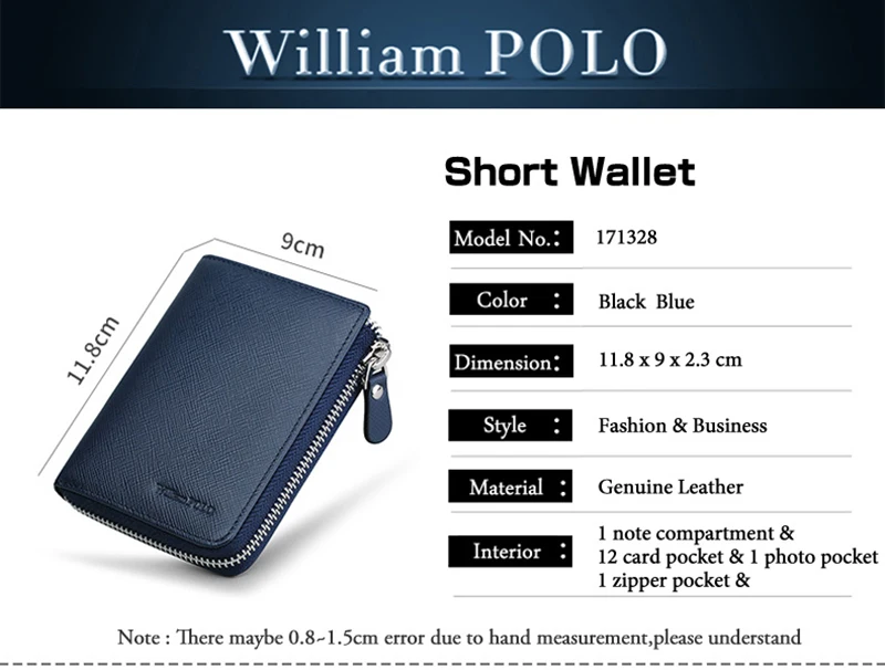 WILLIAMPOLO люксовый бренд, модный мужской кошелек из коровьей кожи на молнии, короткая мини-сумка, кошелек PL171328