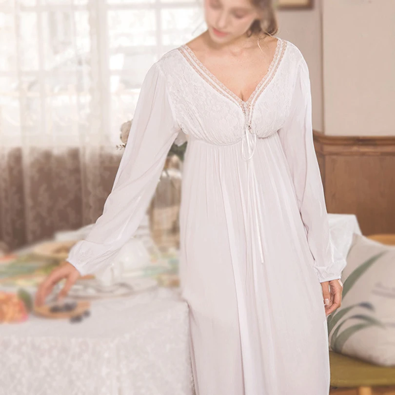 Женская белая розовая хлопковая кружевная принцесса Элегантная ночная рубашка ночная одежда для сна Дворцовое стильное платье винтажное сексуальное платье с длинными рукавами
