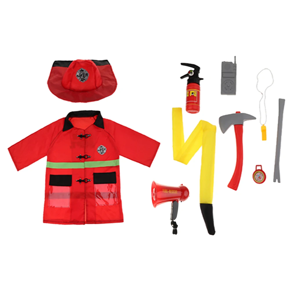Children Fire Chief Role Play Costume Halloween Cosplay Megaphone Tools 10 Pieces Set Kids Dress Up Toy