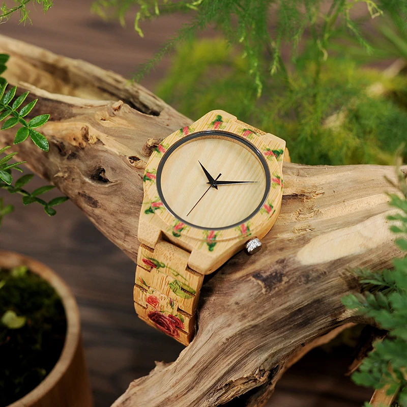 BOBO BIRD LD21 Handmade Men Watches Natural Bamboo Wooden Band Armbanduhr Printing Flowers Design Erkek Saat OEM
