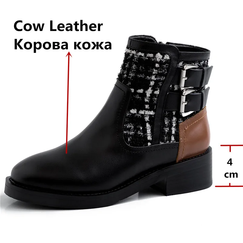 FEDONAS/зимние качественные женские ботильоны из натуральной кожи; короткие ботинки с круглым носком на высоком каблуке, на молнии, с пряжкой; вечерние женские ботинки