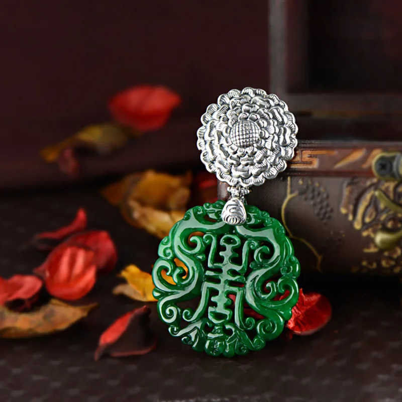 Настоящее чистое серебро 925 зеленый нефрит Подвеска для женщин натуральный драгоценный камень антикварная ретро подвеска амулеты и талисманы