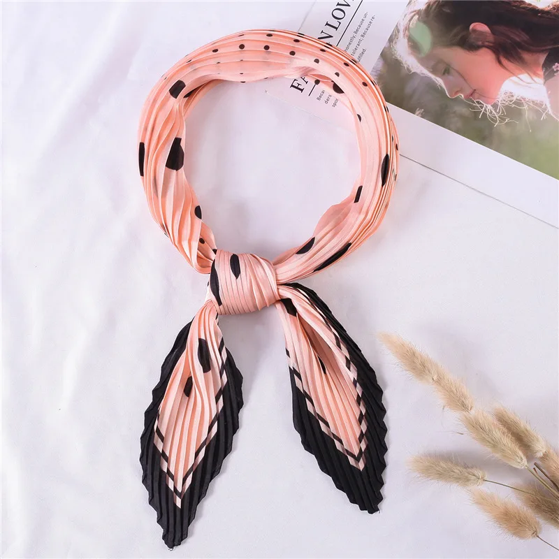 

2019 New Women's Small Square Silk Scarf Crinkle Hair Scarf Pleated Scarves Ladies Dot Printed Female Foulard Bandana 100*30CM