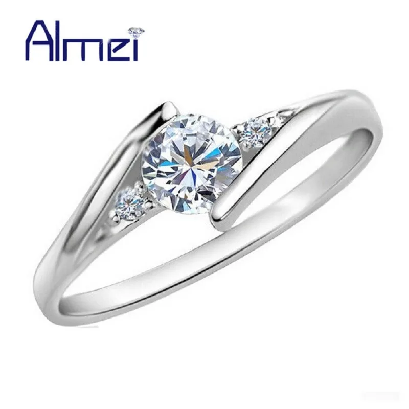 

Almei Fashion 2017 Wedding Rose Gold Color Engagement Ring for Women Silver Zircon Jewelry White Crystal Commitment Rings J045