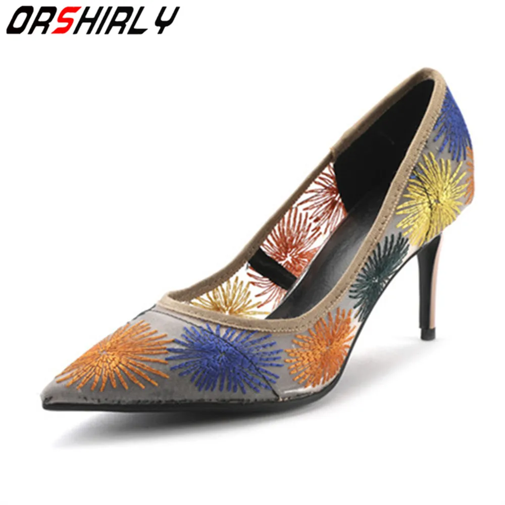 

Orshirly 2019 new arrival women office&career pumps mesh sexy thin heels pointed toe embroider high quality plus size 34-40