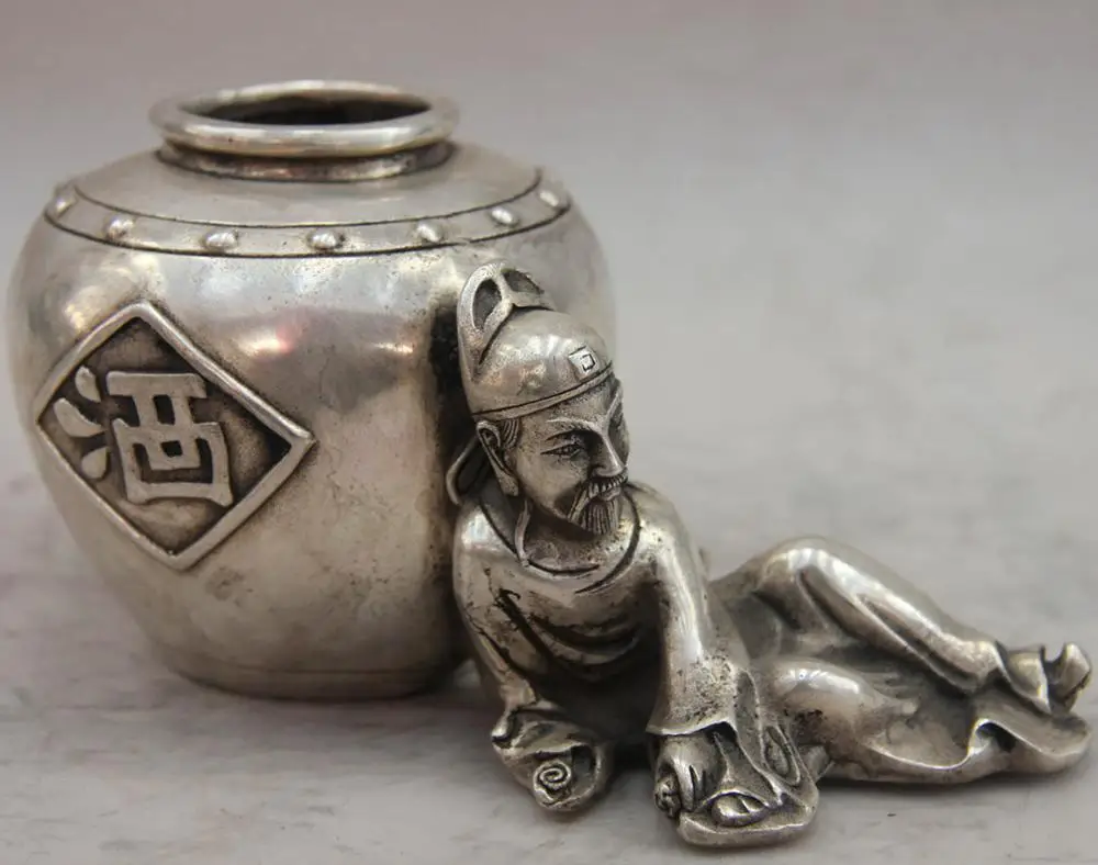 

China White Copper Silver Tang Dynasty poet li po Statue Wine jar Tanks Pot SD 506