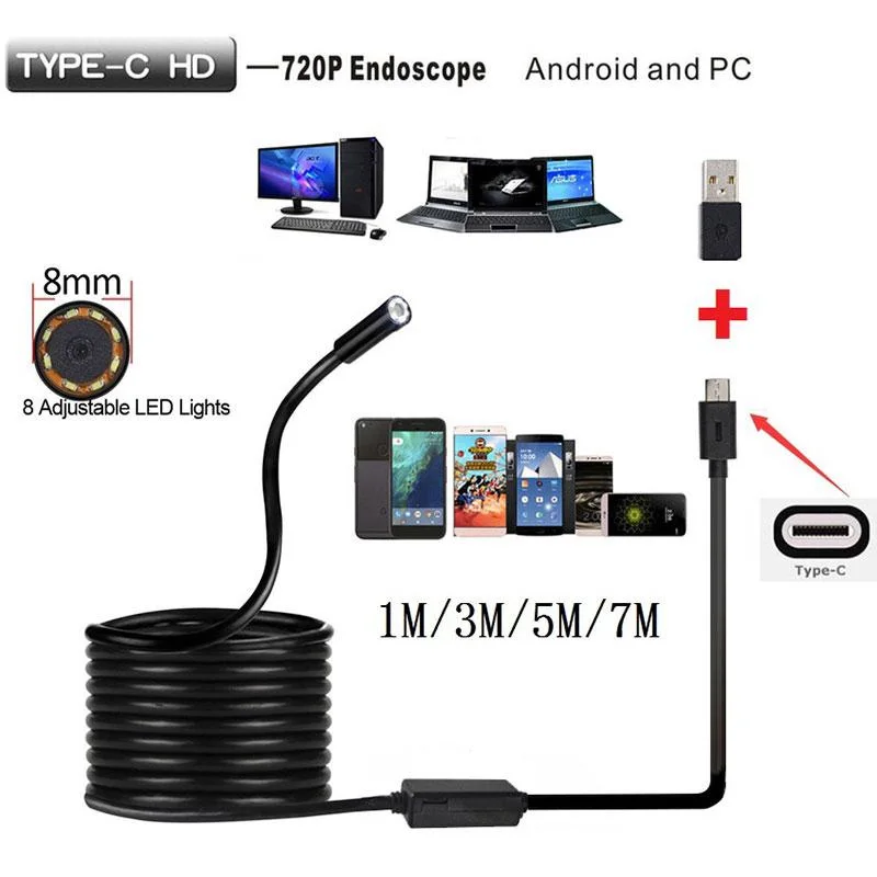 

Borescopes 720P 8mm Lens Type-C/USB Android Endoscope Camera Inspection Camera For Android Phone PC Snake Cable Pipe Car Repair