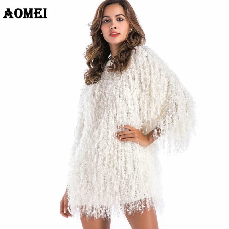 Autumn Faux Fur Crocheted Tassel Fluffy Sweater 2019 Women Tops Three Quarter Fashion Long Party Pullover Femme Winter Warm Wear | Женская
