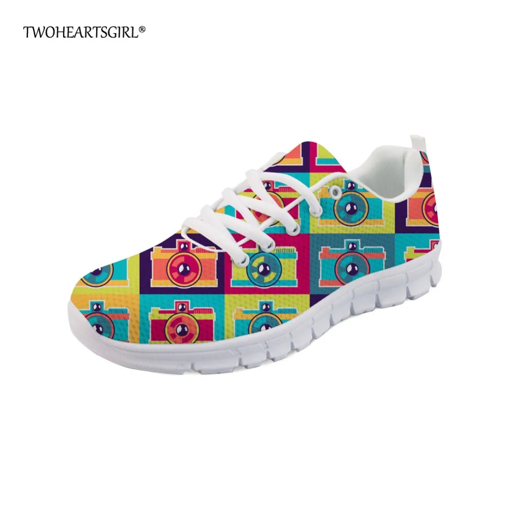 

Twoheartsgirl Colorful Camera Pattern Sneakers Casual Women's Flats Mesh Walking Shoes Comfort Breathable Lace Up Women Flats