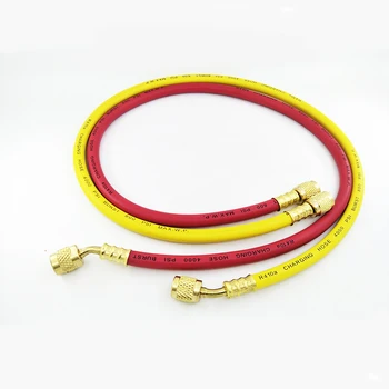 

36" R410A CHARGING HOSE WORKING PRESSURE 800 PSI BURST PRESSURE 4000 PSI YELLOW AND RED MATCHING REFRIGERATION PRESSURE GAUGE