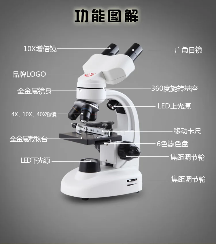 Светодиодный бинокль с подсветкой, биологический микроскоп, профессиональный домашний микроскоп, Студенческий микроскоп, включая цветной фильтр