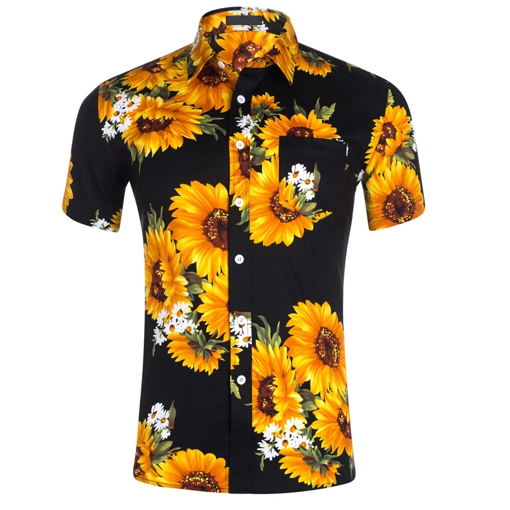 Летняя мужская блузка Гавайские рубашки с коротким рукавом плюс размер Модный 3D принт подсолнечника мужские рубашки Camisa Social Прямая c - Цвет: Black