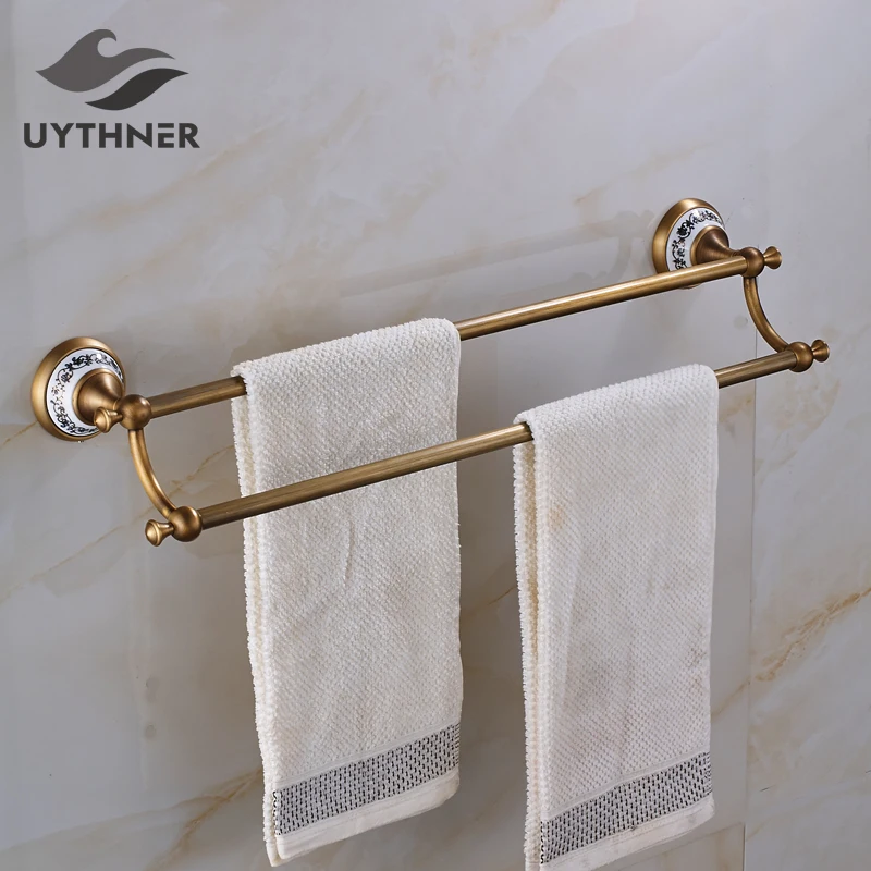 Solid Brass Bathroom Double Towel Bars Blue and White Porcelain Wall