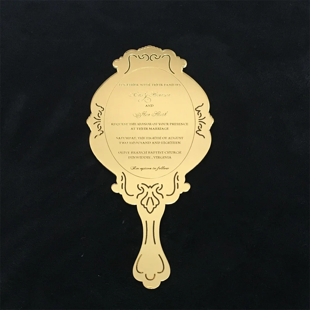Customized Vintage Hand Held Mirror Shape Golden Mirror Acrylic Wedding