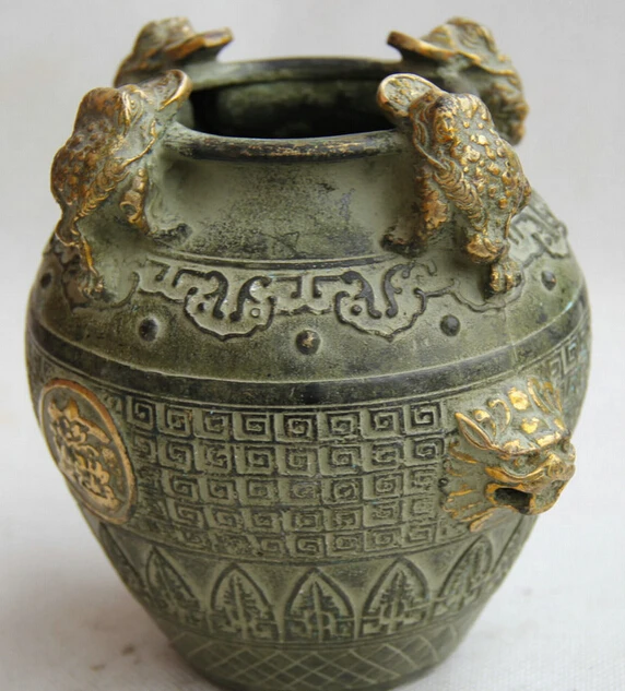 

6" Old Chinese Palace Bronze Gild Golden Toad Spittor Beast Head Pot Jar Crock S0705