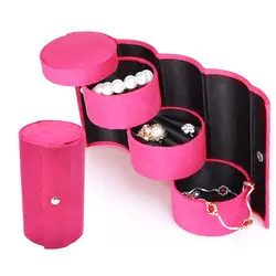 Портативный 3 яруса отделение цилиндр ворса Roll Up Jewelry Box Case Организатор держатель