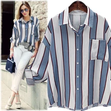 2016 Autumn Long Sleeve Striped Blouse Women Large Size Loose Casual Shirt Women with Poket Vintage Chemise Femme