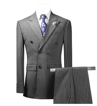 

2 Pieces Mens Suits Striped Slim Fit Business Grey Suits Groom Tweed Wool Brown Tuxedos for Evening Wedding (Blazer+Pants)