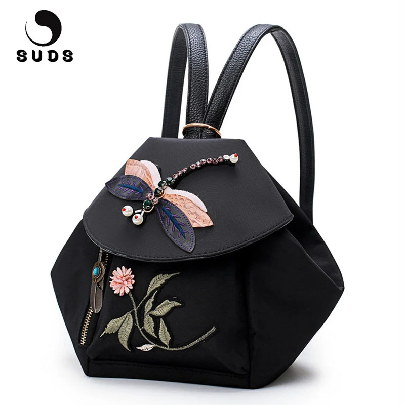 

SUDS Brand Vintage Embroidery Nylon Women Backpacks Flowers Diamonds Shoulder Bag School Bags For Teenager Girls Escolar Mochila
