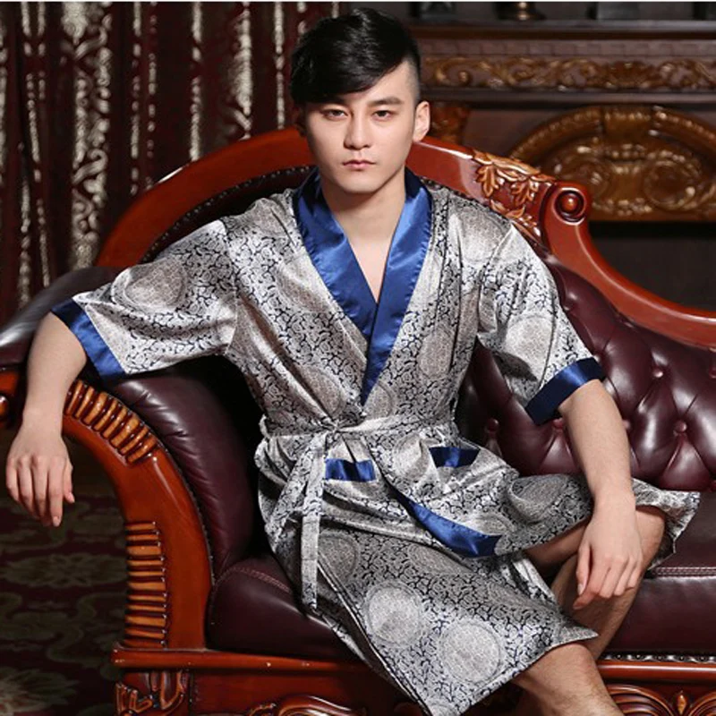 

Summer men silk bathrobe half sleeve male robe flower sleepwear V neck print bath chiffon plus size