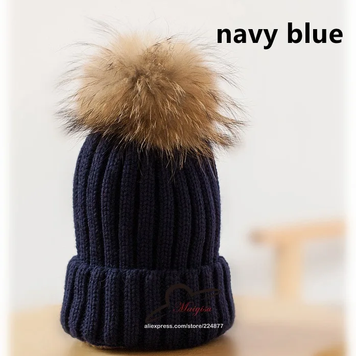 Большой настоящий помпон из лисьего меха зимняя теплая шапка вязаные с помпоном из меха норки помпоны шапочка Женская лыжная шапка с Помпон Мяч - Цвет: navy blue hao