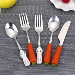 Детская посуда для кормления ложка из нержавеющей стали с мультяшным рисунком, вилка, милый кролик с морковкой, вилка с ручкой, посуда
