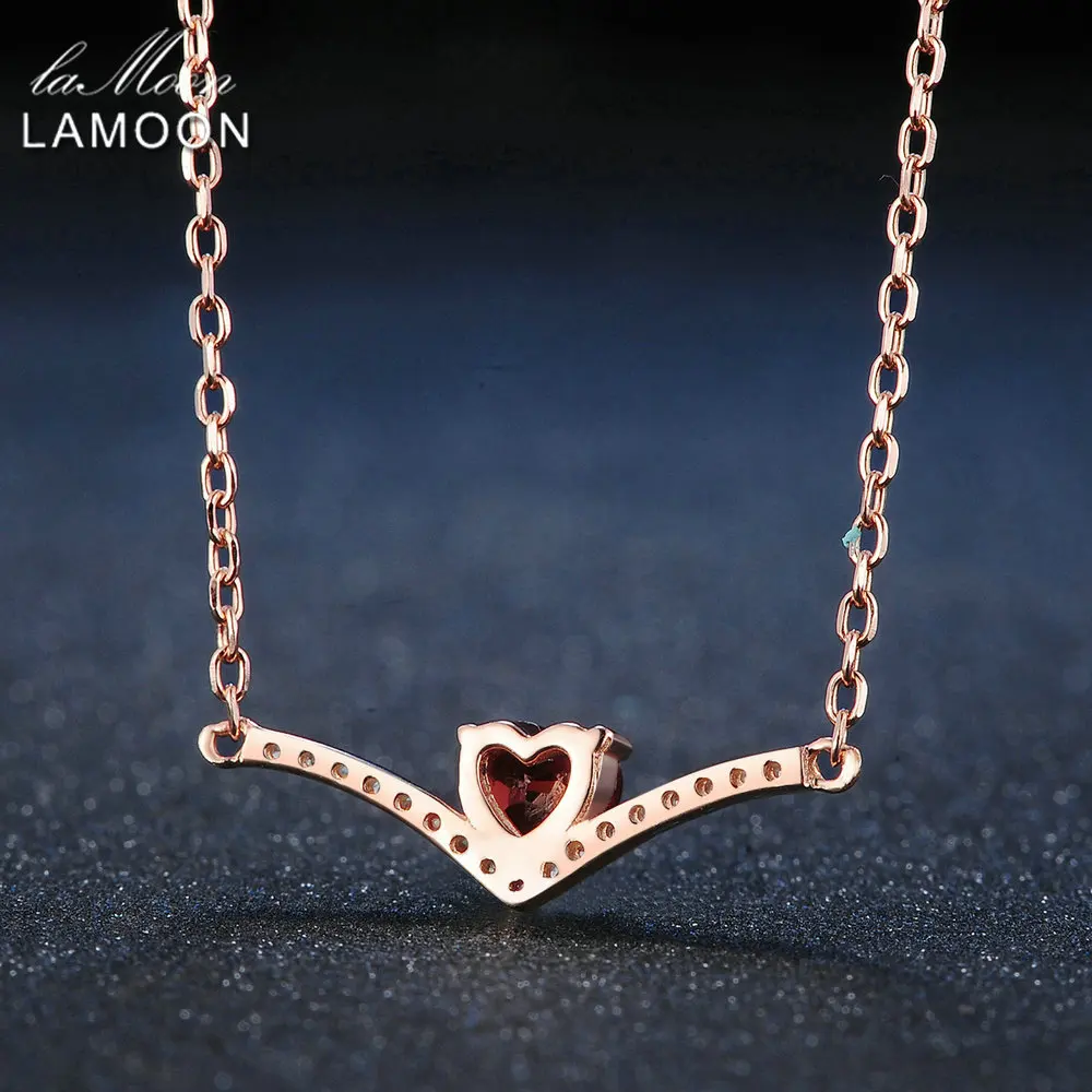 Lamoon Elegent 4mm Natural Heart Red Garnet 925 Sterling Silver Chain Pendant Necklace Women Jewelry S925 LMNI044
