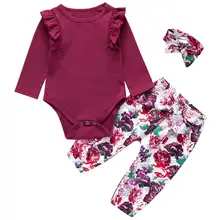 Г., Модный комплект одежды для маленьких девочек, красный комбинезон с длинными рукавами+ штаны с цветочным рисунком+ одежда для новорождённых с повязкой на голову, одежда для малышей
