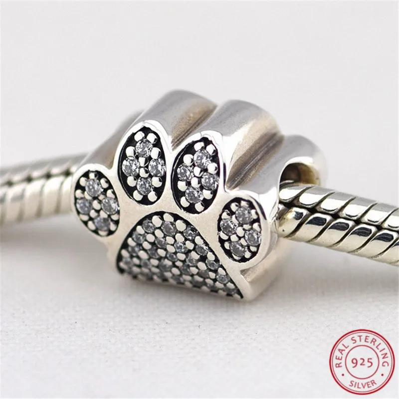 

925 Sterling Silver Shimmering Stones Pave Paw Prints Charm Beads DIY Fit PANDORA Charms for Women Jewelry Making FL246