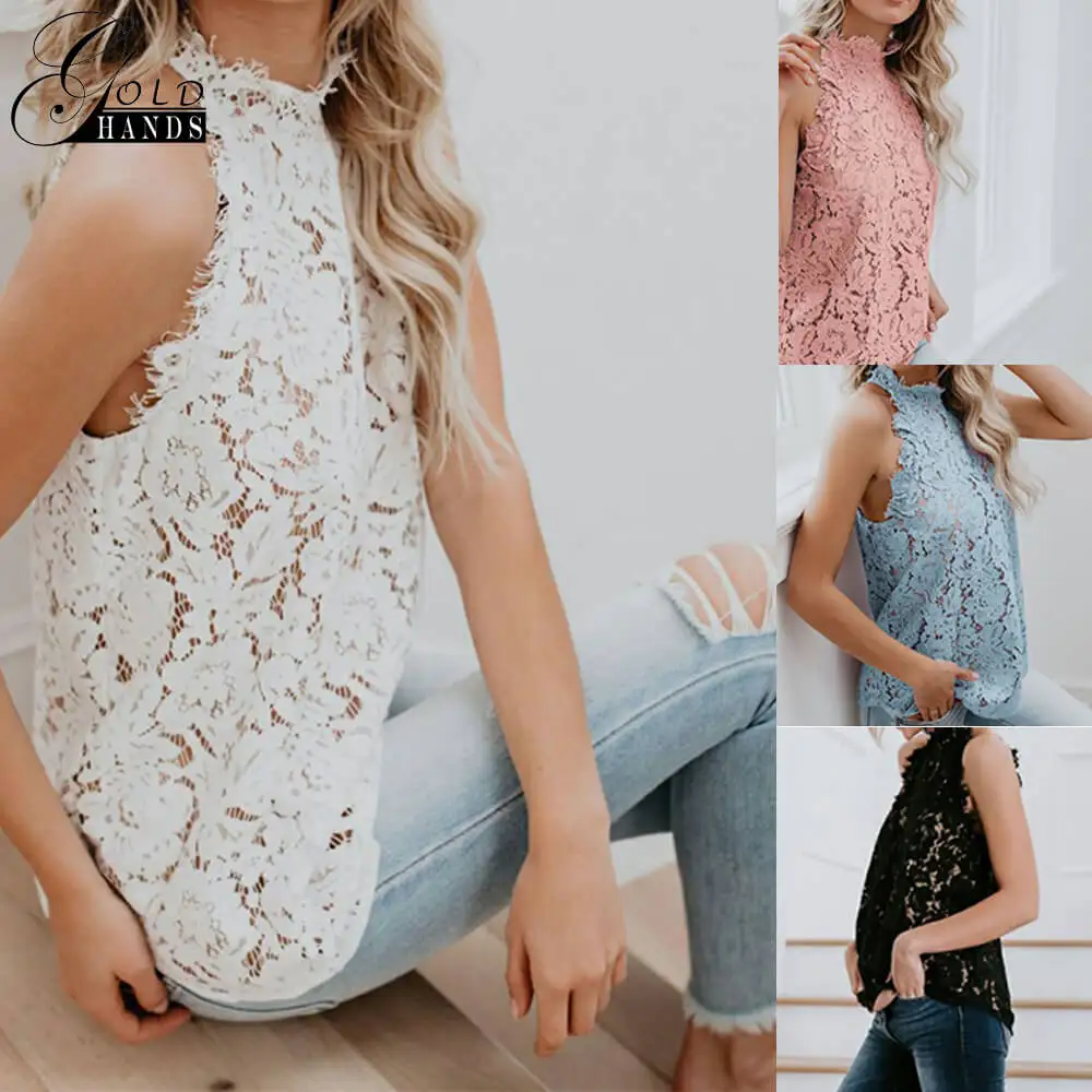 

Gold Hands 2019 New Women Sleeveless White Blouse Spring Summer Hollow Out Tops Blouse Blusas Elegant Floral Lace Blouse Shirt