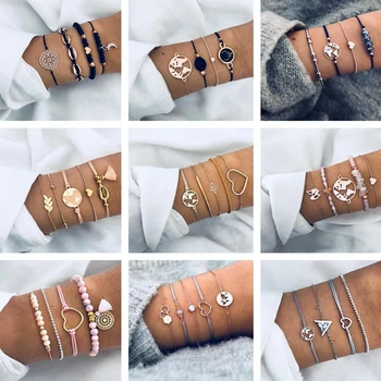 

docona Boho Gold Silver Color Map Shell Tassel Layered Bracelet Set for Women Girl Beads Stone Adjustable Bracelet Pulseiras
