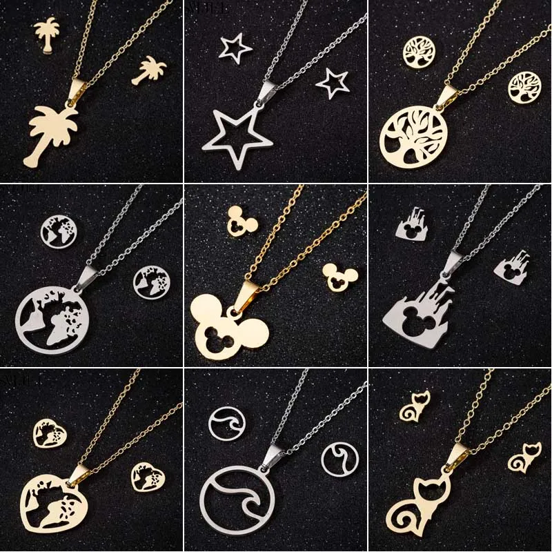 

SMJEL Stainless Steel Mickey Necklaces for Women Girls Minimalist World Map Wave Charms Jewelry Cat Earrings Animal Accessories