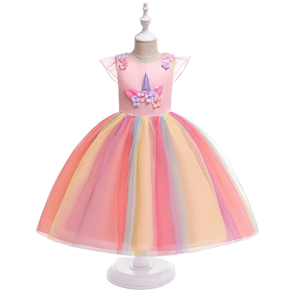 Lush Бисер Детские платья для девочек цветочные аппликации Праздничное платье для девочек Вышивка Свадебное бальное платье, платье принцессы Vestido для девочек - Цвет: unicorn